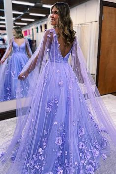 Formal Dress With Cape, Sparkly Prom Dresses Long, Prom Dresses Lavender, Tulle Formal Dress, Gown With Cape, Lavender Prom Dresses, Flower Prom Dress, Prom Dress With Train, Dress With Cape