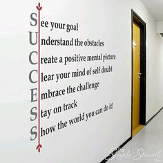 a wall with some writing on it and a door in the background that says see your goal understand the obstacles create a positive mental