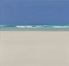 an abstract painting of the beach with blue sky and ocean in the background, along with white sand