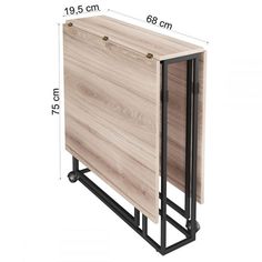 the side view of a wooden cabinet with metal frame and wheels, showing measurements for the width