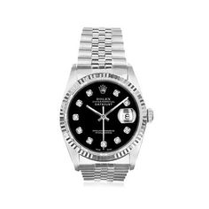 Pre-Owned Rolex Datejust Men's 36mm Automatic Stainless Steel, 18kt White Gold Watch. Experience the renowned luxury of a pre-owned Rolex with this Datejust men's watch from our partner, Swiss Crown USA. The timepiece features Swiss automatic movement, black dial with aftermarket diamond markers, 36mm case, aftermarket synthetic sapphire crystal, 18kt white gold bezel, and stainless steel crown and jubilee bracelet that finishes with a foldover clasp. Water-resistant up to 100M. Pre-owned Rolex Anniversary White Gold Watch Band, Classic Diamond Chronograph Watch For Formal Occasions, Classic White Gold Diamond Watch With Chronograph, Elegant Diamond Chronograph Watch For Formal Occasions, Formal Diamond Watch With Date Indicator, Classic Diamond Chronograph Watch For Anniversary, Classic White Gold Diamond Chronograph Watch, Elegant Black Diamond Watch With Date Indicator, Diamond Watches With Date Indicator And Round Dial