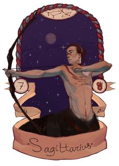 a drawing of a man holding a bow and arrow in front of the sky with zodiac signs on it