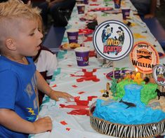 a young boy standing in front of a birthday cake on top of a table with cupcakes