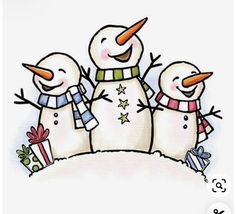 three snowmen are standing next to each other