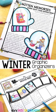 the winter graphic organizer is shown with pencils and markers on it, along with other items