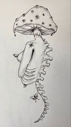 a drawing of a seahorse under a mushroom