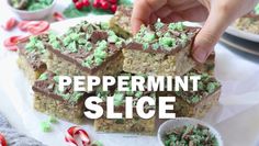 there is a white plate with pieces of food on it and the words peppermint slice