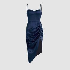 Never Used, Beautiful Sculpting Dress. Cider Dresses, Navy Blue Midi Dress, Blue Dress Short, Patterned Midi Dress, Blue Silk Dress, Dark Blue Dress, Illusion Dress, Silky Dress, Ruched Midi Dress