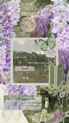 a collage with purple flowers and butterflies in the background is an image of a lake