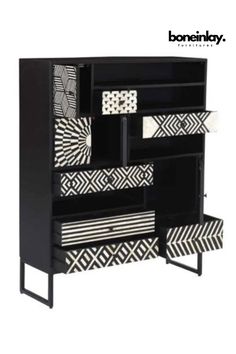 a black and white cabinet with drawers on it's sides, the bottom section is open