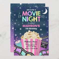 a movie night birthday party card with popcorn