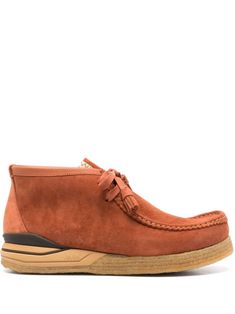 cognac brown suede front lace-up fastening piped-trim detailing logo patch at the tongue square toe branded leather insole gum-rubber sole Fringe Ankle Boots, Detailing Logo, Balenciaga Track, Rounded Toe Boots, Caramel Brown, Brown Ankle Boots, Desert Boots, Boots Brown, Derby Shoes