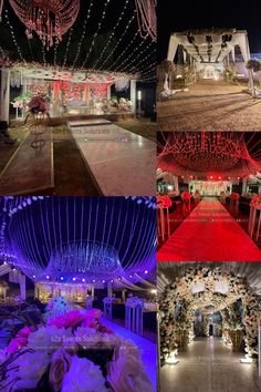 several different pictures of an outdoor wedding venue at night and in the day and night