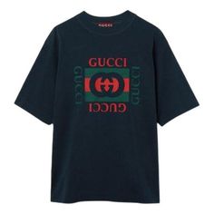 Gucci Cotton Jersey T-Shirt With Gucci Print 'Navy' 784361-XJGKA-4735 Blue Short Sleeve Tops With Logo Detail, Blue Short Sleeve Top With Logo Detail, Gucci Tops With Logo Detail For Streetwear, Navy Crew Neck Top With Logo Detail, Gucci Cotton Tops With Embroidered Logo, Gucci Designer Black T-shirt, Designer Gucci Black T-shirt, Gucci Black T-shirt With Logo Print, Gucci Cotton Tops With Logo Print