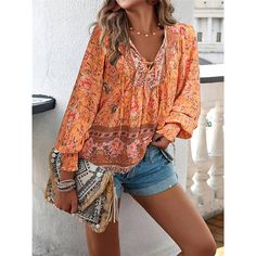 Season:Summer; Fabric:Polyester; Sleeve Length:Long Sleeve; Look After Me:Wet and Dry Cleaning,Washable,Machine wash; Gender:Women's; Style:Boho,Casual; Elasticity:Micro-elastic; Tops Type:Shirt,Blouse; Occasion:Vacation,Beach; Top Length:Regular; Fit Type:Regular Fit; Pattern:Floral; Design:Print,Lace up; Neckline:V Neck; Front page:FF; Listing Date:04/24/2024; Production mode:External procurement; Bust:; Length:; Sleeve:; Fit US Size:; Fit UK Size:; Fit EU Size: Casual Non-stretch Beach Blouse, Non-stretch V-neck Blouse For The Beach, Summer V-neck Tops With Boho Print, Casual Floral Print Blouse For Beach, V-neck Boho Print Blouse For Summer, Non-stretch Beach Blouse, Orange V-neck Blouse For Vacation, Non-stretch Bohemian Blouse For The Beach, Orange Summer Blouse For Vacation