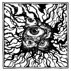 an ink drawing of two eyes in the center of a square with flames around it