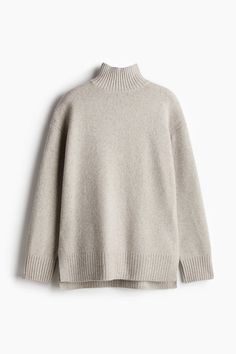 Oversized sweater in a soft knit with wool content. Rib-knit turtleneck with V-shaped opening at back of neck. Dropped shoulders  long  wide sleeves  and ribbing at cuffs and hem. High slits at sides of hem. Cream Oversized Sweater, Oversized Cable Knit Sweater, Oversized Knitted Jumper, Wide Sleeve Sweater, Oversized Cream Sweater, Yellow Jumper, Bday Wishes, Chunky Turtleneck Sweater, Turtleneck Sweaters