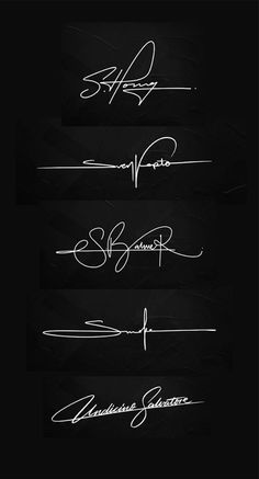 four different types of handwriting written in white ink on a black background, with the words signature