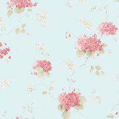 a blue background with pink and white flowers on the left side of the image is an old fashioned wallpaper