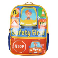 Fuel your child's curiosity and sense of adventure with the Blippi 5-Piece Safety First Backpack Set! This set combines practicality with a delightful educational twist, great for young explorers. The roomy 16" backpack featuring Blippi in his amazing blue and orange attire is at the heart of the set. It also comes with a folding lunch tote, a gadget case, a cinch bag, and a plastic water bottle. The Blippi 5-Piece Safety First Backpack Set is an excellent investment in your child's educational Playful Backpack For End Of School Year, Playful Backpack For End Of School Year Playtime, Multicolor Backpack For Playtime And Back To School, Multicolor Backpack For Back To School Playtime, Rectangular Multicolor Backpack For Daycare, Blue Backpack For Daycare And Back To School, Blue Character Backpack For Disney Trips, Multicolor Rectangular Backpack For Playtime, Playful Multicolor Backpack For Playtime