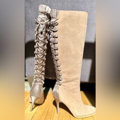 Never Worn 4” Heel 3” Width 19” Long Zip Closure Gorgeous Lace Up And Bejeweled Buttons Satin And Suede Designer Embellished Fitted Boots, Luxury Fitted Lace-up Boots, Fitted Leather Heels With Rhinestones, Luxury Lace-up Heels, Boots Uk, Heeled Boots, Lace Up, Size 6, Satin