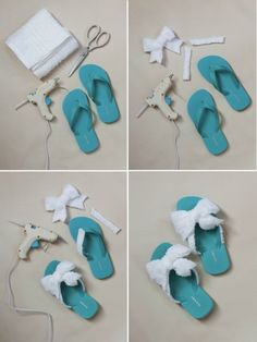 four pictures showing how to make slippers with hair clips and scissors on the floor