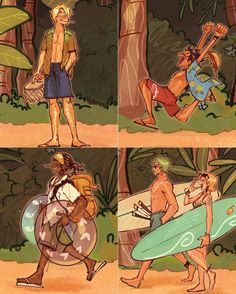 four different scenes of men carrying surfboards in the woods