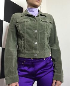 Fiorucci Safety Jeans Jacket velvet olive green size S/M. Authentic Item. Perfect condition. Fresh from laundry. 2 front pockets. Silver logo buttons. Vintage. 98%cotton 2%elastane Width 43 cm Lenght 49 cm Trendy Green Button-up Utility Jacket, Fitted Green Utility Jacket With Pockets, Trendy Green Utility Jacket With Pockets, Trendy Green Utility Jacket With Button Closure, Fitted Green Utility Jacket With Long Sleeves, Fitted Green Long Sleeve Utility Jacket, 90s Style Green Outerwear With Pockets, 90s Velvet, Jeans Jacket