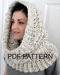 a woman is wearing a hooded cowl with the words free pattern below her head