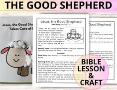 an open bible book with the words jesus, the good shepherd and a sheep on it