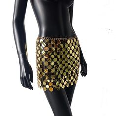 Metal sequin mini skirt. The size is adjustable. SIZE Waist Skirt length Hip 23.62-29.92 12.99 27.56-33.46 Metallic Sequined Mini Skirt, Summer Club Skirt With Sequins, Metallic Mini Skirt For Summer, Sequined Mini Skirt For Summer, Metallic Sequin Mini Skirt For Party Season, Gold Sequined Mini Skirt For Summer, Gold Mini Skirt For Summer, Gold Mini Length Party Bottoms, Sequin Mini Skirt For Club