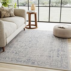 a living room with a couch, chair and rug