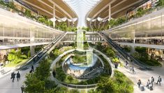 the interior of a large building with lots of people walking around and trees growing on it