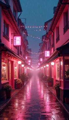 an empty city street at night in the rain with lights strung from buildings and potted plants