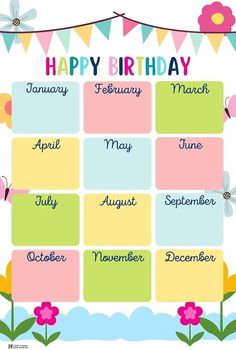 a happy birthday calendar with flowers and buntings on the sides, in pastel colors