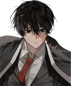 an anime character with black hair wearing a suit and red tie, looking at the camera