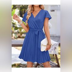 Nwt Color: Royalblue Product Details Fabric Type One Hundred Percent Polyester Care Instructions Machine Wash, Hand Wash Only Origin Imported Closure Type Pull On About This Item Size Guide: S=Us 4-6, M=Us 8-10, L=Us 12-14, Xl=16- 18. The Fabric Is Non-Stretchy, If You Are Between Two Sizes, Please Size Up! The Wrap Swing Mini Dress Features A Sexy Wrap V-Neck, Short Flutter Sleeves, High Waist Design, Modest Solid Color, Pleated Mini Skirt With Ruffle Details. The Lovely Removable Belt Perfectl Party Short Dresses, High Neck Dress Formal, Yellow Floral Print Dress, Kimono Mini Dress, Rebecca Taylor Dress, Chiffon Dress Short, Fairycore Dress, Burnt Orange Dress, Denim Overall Dress