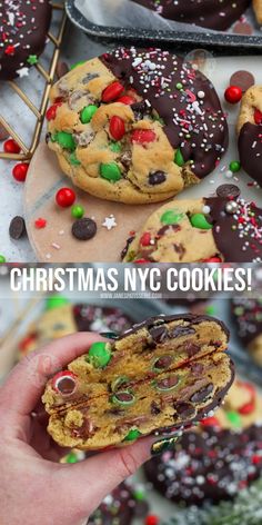 christmas cookies with chocolate, candy and sprinkles on them are being held by someone