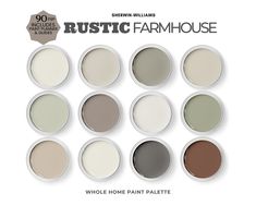 the paint palettes for rustic farmhouse house are shown in different colors and sizes, including white