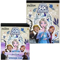 two frozen stickers are on display in front of the camera and behind them is an image of disney characters