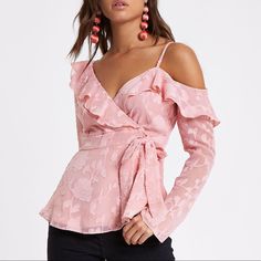 Brand New With Tags!!! Cold Shoulder Ruffle/Flouncy Wrap Blouse. It’s A Uk Size 6 And European Size 32. Off-shoulder Floral Print Party Blouse, Pink V-neck Blouse For Date Night, Pink Off-shoulder Blouse For Brunch, Feminine V-neck Party Top, Feminine Spring Party Blouse, Feminine Spring Party Tops, Feminine Tops For Spring Party, Off-shoulder Blouse For Date Night In Spring, Feminine Party Tops For Spring