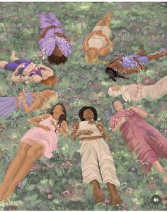 several women laying in the grass with their arms around each other