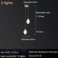 two lights hanging from the ceiling with measurements