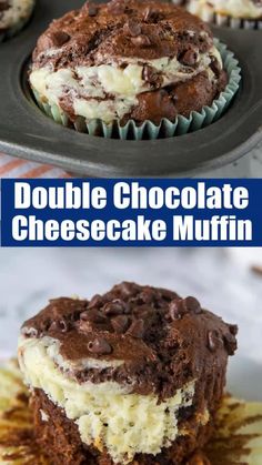 double chocolate cheesecake muffins in a muffin pan with the title above it