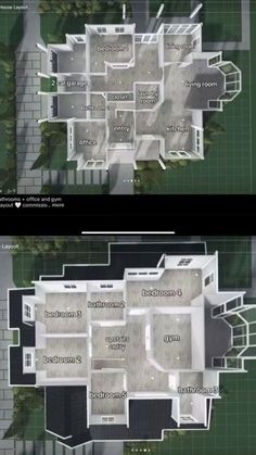 two views of a house from above, with the floor plan and elevation details shown