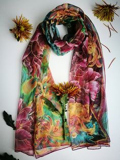 One of the Flower of the month series scarf- November. Burgundy peonies and rustic gold chrysanthemums. Luxury Hand painted Silk Chiffon scarf. Oriental manner Black silk shawl with big rich autumn colors peonies and chrysanthemums blooms. Also there is a Peacock painted as a symbol of success. Peacock colored in turquoise blue/teal/green and in this way matching leaves coloring. Feathers also have some chrysanthemum shadows. Gold drawing lines and whole painting framed it in double border: chry Floral Print Silk Shawl Scarf As Gift, Floral Print Silk Shawl Scarf For Gift, Artistic Floral Print Scarf As Gift, Artistic Floral Print Scarf As A Gift, Artistic Floral Print Scarves As Gifts, Artistic Floral Print Scarves For Gifts, Short Scarves, Creative Clothing, Floral Shawl