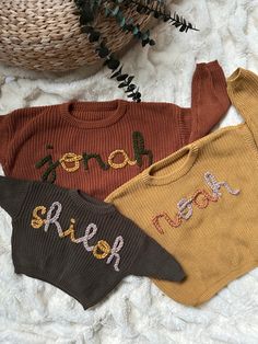 Oversized Children's Custom embroidered knit sweater Customizable Cotton Sweater For Fall, Customizable Cute Winter Sweater, Cute Customizable Winter Sweater, Customizable Cotton Sweater For Winter, Customizable Cotton Fall Sweater, Cute Sweater With Letter Embroidery For Fall, Personalized Cotton Sweater For Winter, Cute Letter Embroidery Sweater For Fall, Yarn Embroidery Name On Sweater