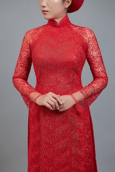 Wedding ao dai. Vietnamese long dress in spectacular red lace.   MEASUREMENTS, SHIPPING TIME ETC.: Free custom fit; we will send you a link to our simple online measurement form within 24 hours of receiving your order. Please allow 3-4 weeks (total) for custom tailoring and shipping, once measurements are received. Please note; we make every effort to ensure our photos accurately represent the true colors of each garment, but due to the nature of different devices, screen brightness, lighting conditions etc. small variations can sometimes occur. If you have any questions about colors or anything else, please don't hesitate to contact us. Elegant Red Ao Dai For Ceremonies, Elegant Red Ao Dai For Banquet, Elegant Red Ao Dai For Ceremony, Formal Lace Ao Dai, Formal Fitted Lace Ao Dai, Fitted Ao Dai With Lace Sleeves For Wedding, Red Ao Dai For Ceremony, Long Lace Dress With Lace Sleeves For Wedding, Elegant Ao Dai With Lace Sleeves For Ceremony