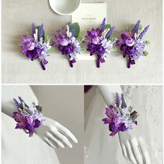 purple flowers and greenery are arranged in the shape of hands