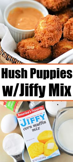 hush puppies with fluffy mix in the middle and other ingredients surrounding them on a table